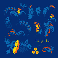 Fototapeta na wymiar Traditional Ukrainian Petrykivka painting. Elements of plant ornament in blue and yellow colors.