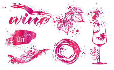 Wine Designs - Collection of wine glasses and bottles. Hand drawn elements for invitation cards, advertising banners, menus in gold style. Wine glasses with splashing wine. Sketch vector illustration.