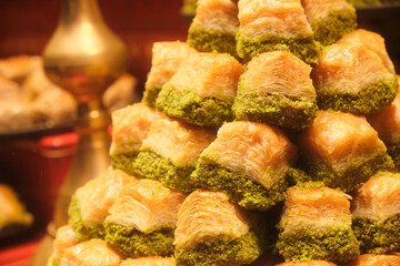 local baklava dessert in the showcase under yellow lights
