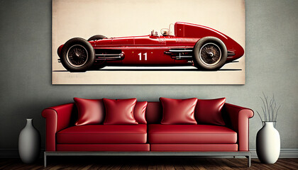 Illustration of vintage Ferrari sports car on canvas in an elegant waiting room with red sofa and armchair. Generative AI