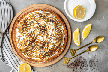 Homemade shortbread tart cake with lemon curd and whipped cream, banner, menu, recipe place for...