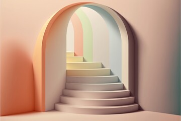 3d illustration of stairs in a room with arch and colored walls