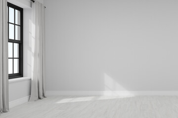 Empty white wall with window. 3d rendering of interior living room with sky background.