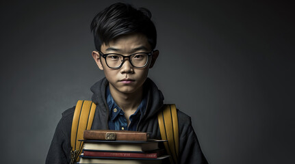 School years. Portrait of an Asian schoolboy holding a stack of schoolbooks on studio background.