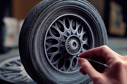 Car service worker polishing car wheels with microfiber cloth. Generative Ai