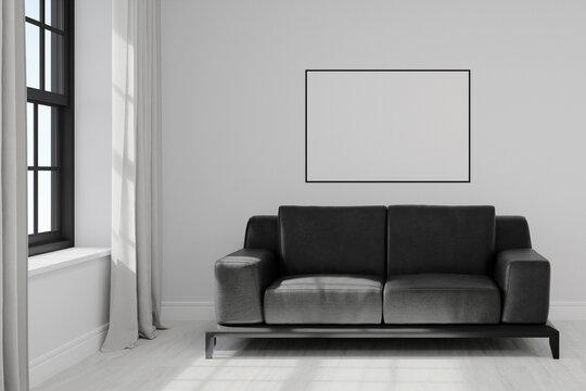 White wall with empty picture frame and armchair. 3d rendering of interior living room background.