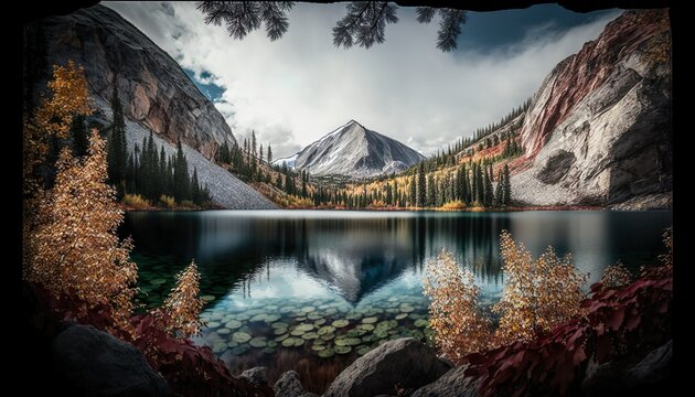 A stunning image of a mountain lake surrounded by fall foliage 35mm lens f11 vibrant standard lens  Generative AI