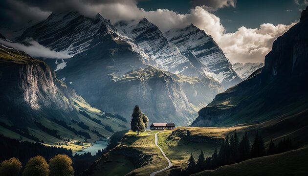 A stunning landscape of the Swiss Alps 50mm lens f8 majestic telephoto lens  Generative AI