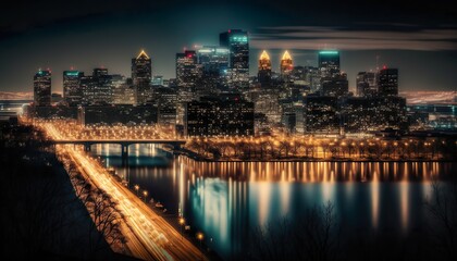 Obraz na płótnie Canvas A stunning view of a cityscape at night 50mm lens f/4 dramatic standard lens Generative AI