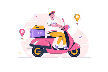 Courier shipping package at moped. Order and express delivery concept. Free vector on the way concept illustration