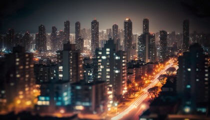Fototapeta na wymiar A stunning view of a cityscape at night 50mm lens f/4 dramatic standard lens Generative AI