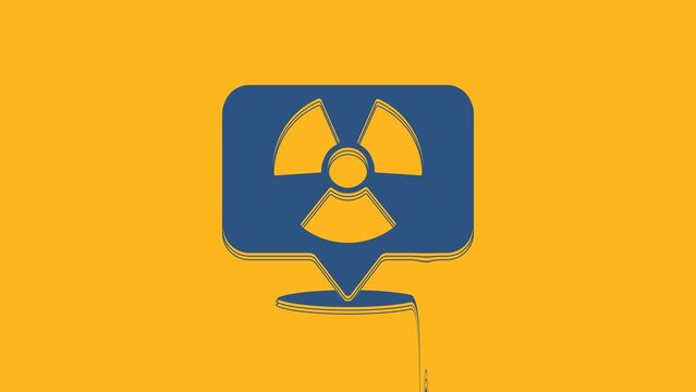 Blue Radioactive in location icon isolated on orange background. Radioactive toxic symbol. Radiation Hazard sign. 4K Video motion graphic animation