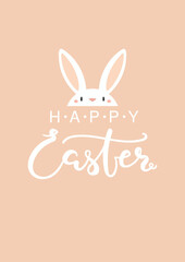 Fototapeta premium Hand written lettering quote Happy Easter, with cute bunny, rabbit face. Vector illustration. Flat style design. Concept for holiday card, banner, poster, decor element, seasonal promotion, sale