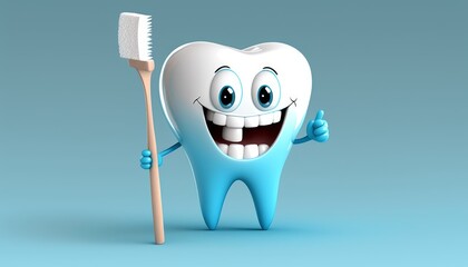 Cute 3D Teeth Character in Blue and White. AI Generative.
