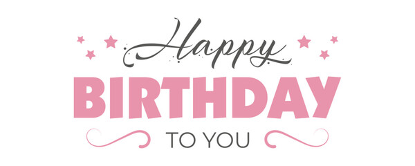 Happy birthday handwritten and strict text pink black with asterisks on a white background