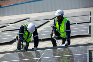 Installing solar photovoltaic panel system. Solar panel technician installing solar panels on roof. Alternative energy ecological concept.