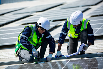 Installing solar photovoltaic panel system. Solar panel technician installing solar panels on roof. Alternative energy ecological concept.