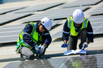 Engineer service check installation solar cell on the roof of factory on the morning.