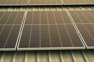 solar panel with sunlight and blue sky background. concept clean energy power in nature