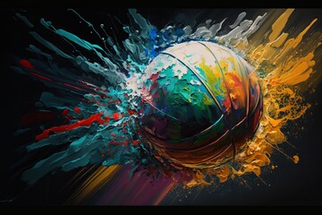 Piłka do koszykówki abstrakcyjny kolorowy akrylowy obraz Generative AI - obrazy, fototapety, plakaty