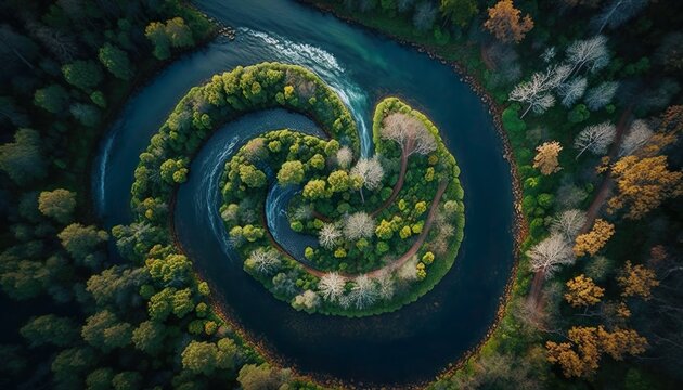 An awe top angle scene of forest covered with lake Generative AI