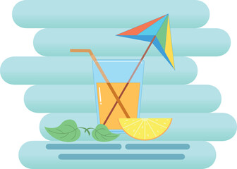 beach glass vector illustration, rest and drink, orange and juice, summer vacation
