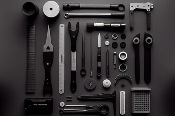 Fototapeta premium Equipment for handicrafts Place on a dark brown wooden floor. Generative Ai