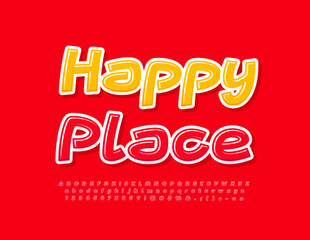 Vector bright Emblem Happy Place. Red Glossy Font. Modern Creative Alphabet Letters and Numbers