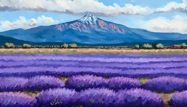 An expansive field of lavender in full bloom with a mountain range in the background 70mm lens f8 oil painting zoom lens  Generative AI