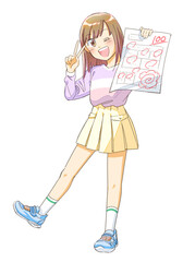 学校のテストで100点を取って得意げな女の子
