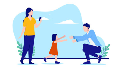 Family moments - Two parents, mom and dad playing outside with child and taking pictures with mobile phone. Creating memories concept, flat design vector illustration on white background