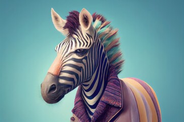 Zebra On Cyan Blue Green Background Dressed In Light Pastel Colored Clothing With Copyspace Generative AI