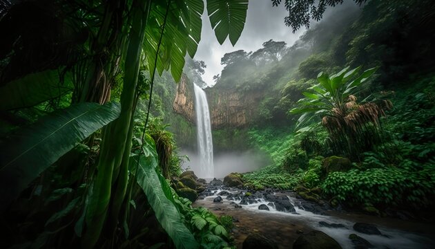 Majestic waterfall in a lush rainforest with mist and greenery 18mm lens f16 natural wide  Generative AI