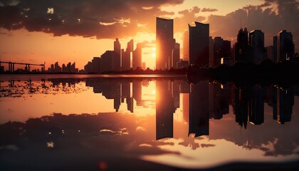 Fototapeta na wymiar Sunset over a city skyline with beautiful reflections on the water 50mm lens f4 cinematic normal lens Generative AI