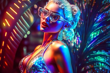 Attractive girl clubbing at the hot summer dance party. Neon light. Palm trees on background. Vacation nightlife.