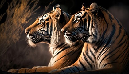 Tigers profile view sitting early morning wildlife photography shot on Fujifilm Velvia  Generative AI