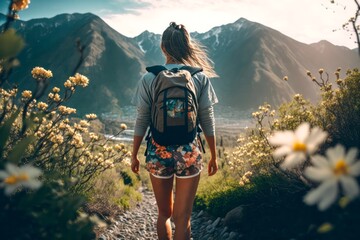 Backpacker hiker camper woman viewed from the back. Mountains landscape. Hiking, trekking, backpacking, camping in the mountains concept. - obrazy, fototapety, plakaty