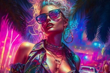 Attractive girl clubbing at the hot summer dance party. Neon light. Palm trees on background. Vacation nightlife. - obrazy, fototapety, plakaty