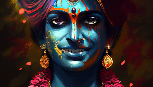 hindu god , smiling shy krishna, smile shy vishnu powerful colors out of space, horror, lsd, psychedelic, cinematic, hindu god , krishna, vishnu 