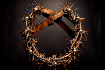 Excellent A depiction of the crown of thorns of jesus christ and a nail on the holy cross, realistic. Generative Ai