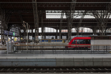 Two trains waiting to leave Leipzig Germany train station