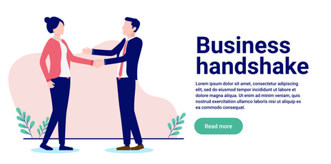 Business handshake - Man and woman shaking hands over deal and agreement in office. Flat design vector illustration with white background and copy space