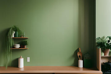 Wooden shelf and mockup of a classic green wall panel in kitchen area. Generative AI illustration.