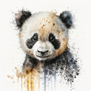 Cute panda on white background. Watercolor illustration of little pretty panda. Generative AI art.