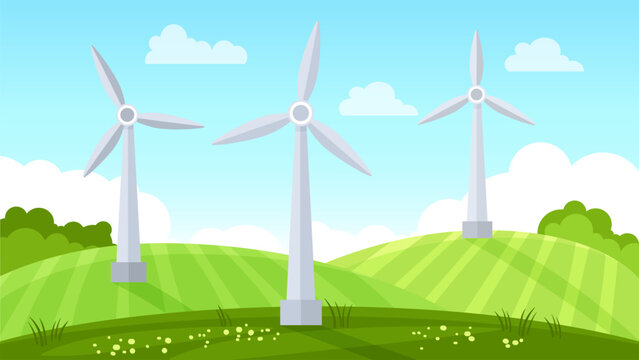 Wind turbine in a field. Eco Green Energy concept. Vector illustration in flat style