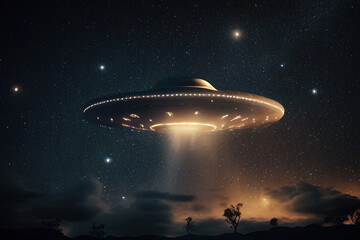Naklejka na ściany i meble Flying saucer flies at night in sky. Invasion of extraterrestrial intelligence on an intergalactic ship. Alien abduction. Created with Generative AI