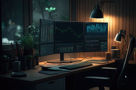 Trader workplace. Computer monitor with stock market charts on screen. Economic concept. Financial crisis and inflation. Created with generative AI