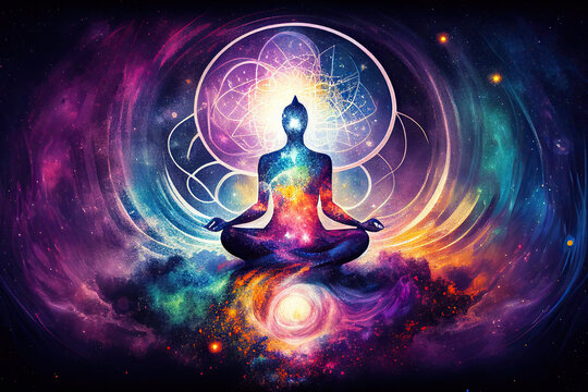 Astral body silhouette in lotus pose practicing yoga against cosmic background. Meditation, connection with other worlds. Spiritual life and esoteric concept. Created with Generative AI