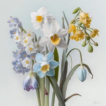 AI generative, spring floral bouquet with narcisus and iris vintage illustration