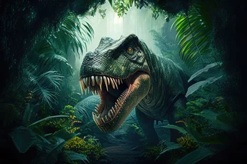 Foto op geborsteld aluminium Dinosaurus Carnivore dinosaur in jungle background. Ancient predator. Created with Generative AI